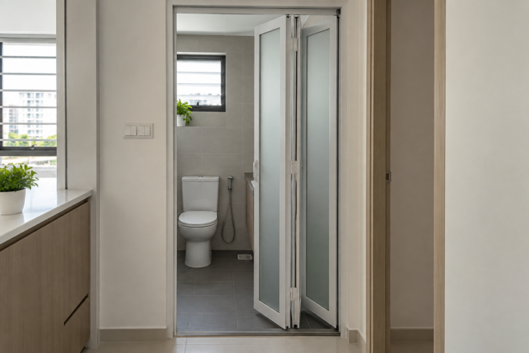 White aluminium bi-fold bathroom door with frosted panels