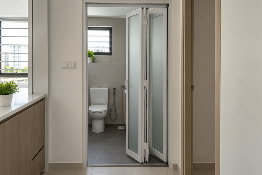 White aluminium bi-fold bathroom door with frosted panels