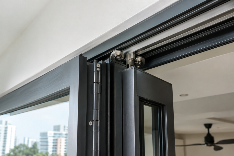 Close-up of aluminium bi-fold door hinge guide and upper track