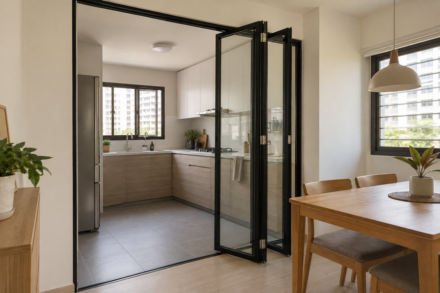 Black aluminium bi-fold divider between an HDB kitchen and dining area