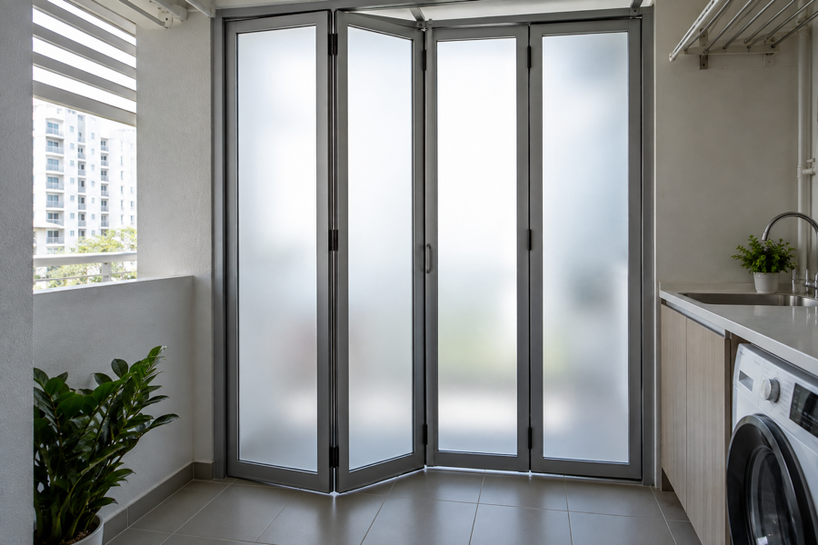 Aluminium bi-fold service yard door with translucent frosted panels