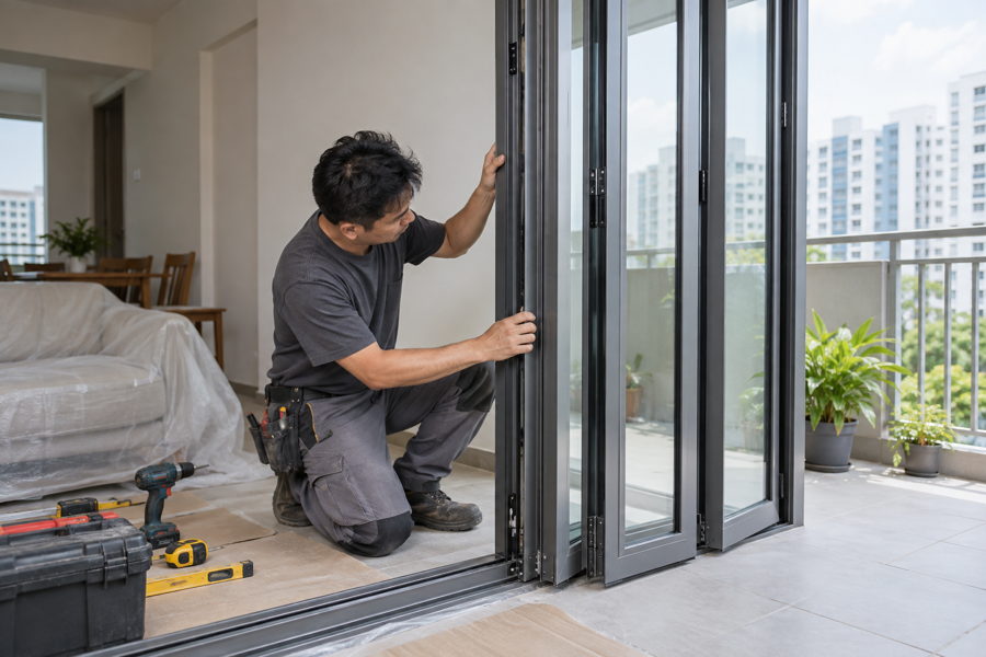 Installer aligning aluminium bi-fold door panels in a Singapore flat