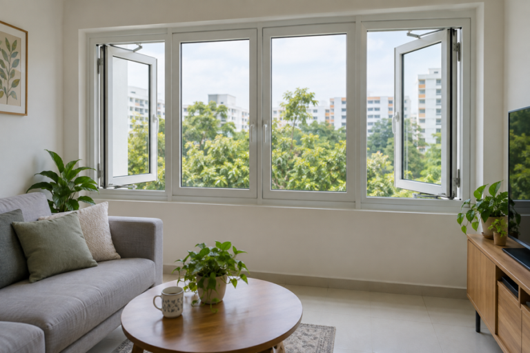 Completed aluminium casement window installation in a Singapore home