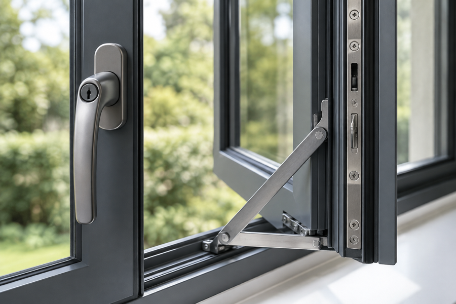 Close-up of reliable casement window hinge and handle hardware