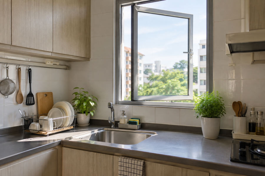 Aluminium casement windows providing ventilation in an HDB kitchen