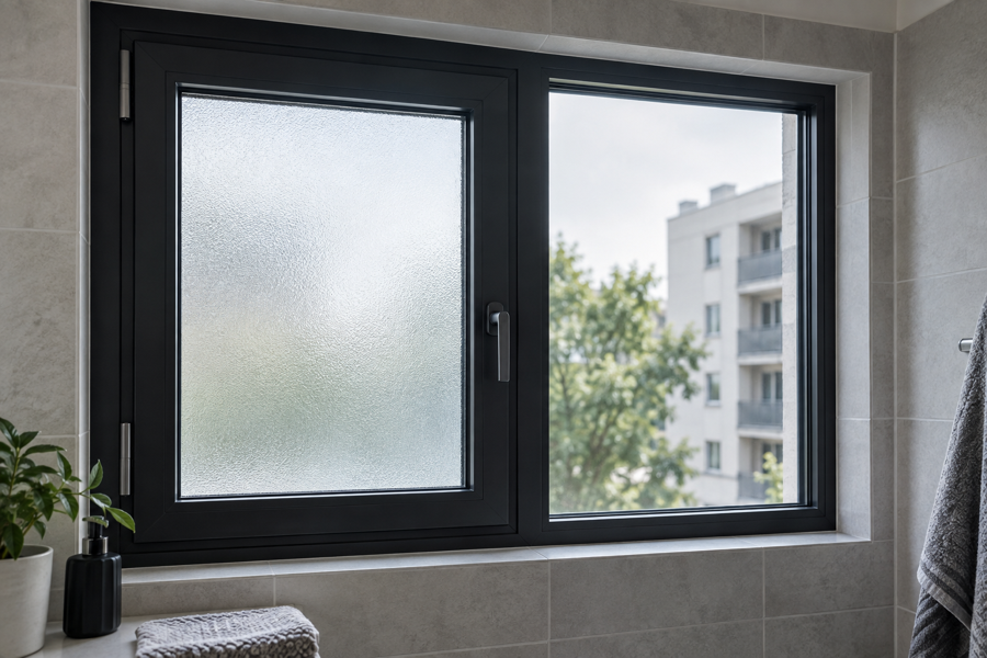 Frosted glazing fitted in an aluminium casement window