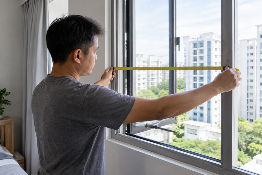 Installer measuring an opening for new aluminium casement windows
