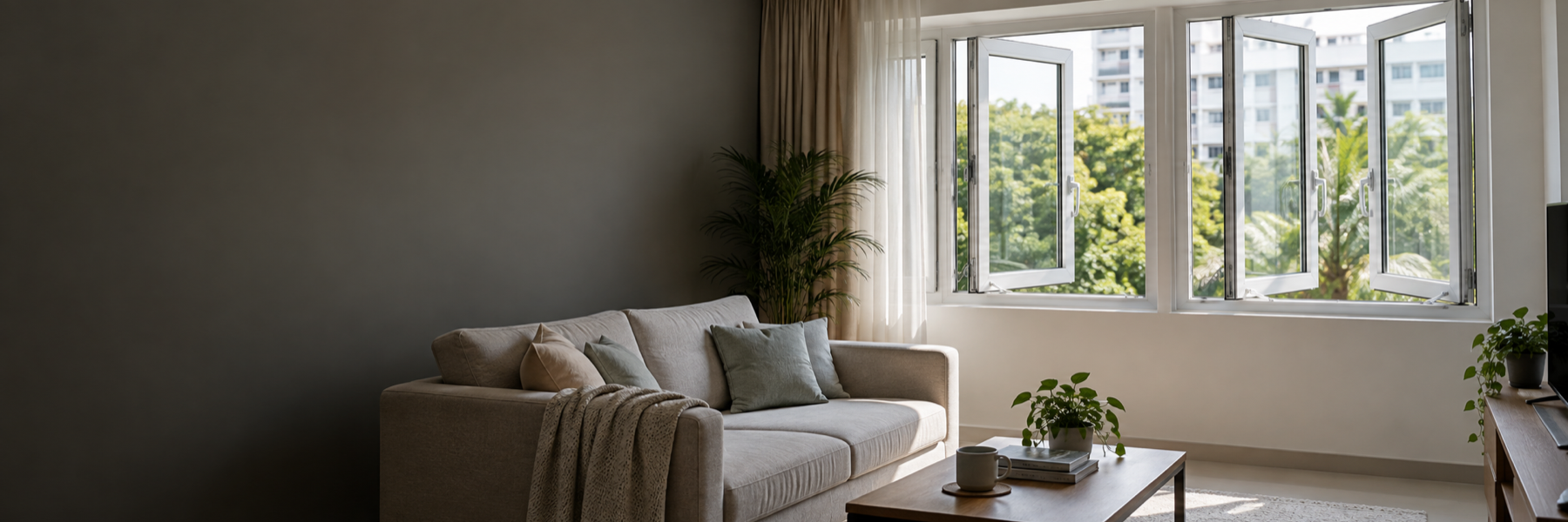 Modern aluminium casement windows in a modest Singapore apartment
