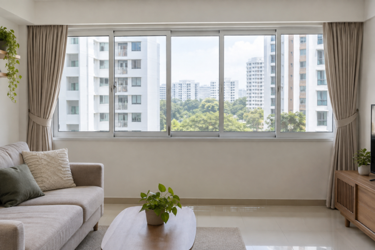 Completed multi-panel aluminium sliding windows in an HDB living room