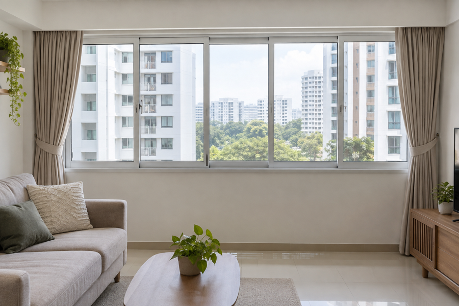 Completed multi-panel aluminium sliding windows in an HDB living room