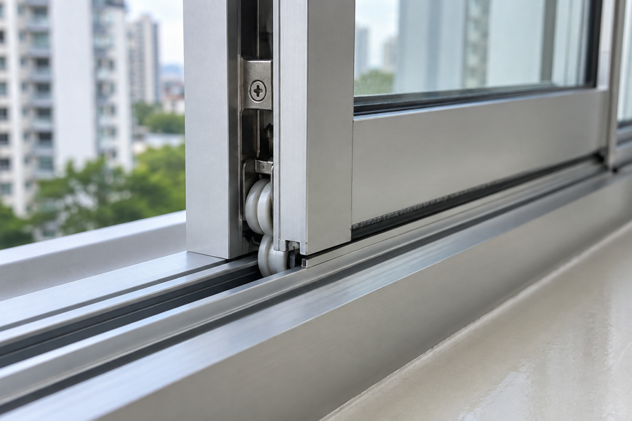 Close-up of aluminium sliding window rollers and lower track
