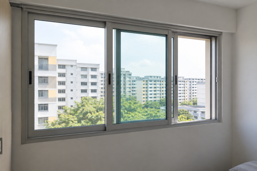 Three-track aluminium sliding window partly open for ventilation