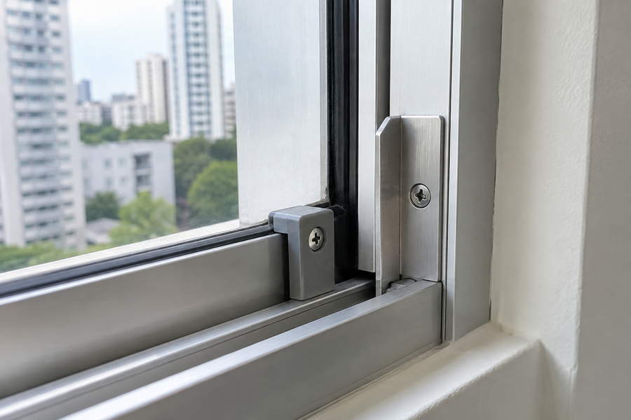 Close-up of a safety stopper fitted to an aluminium sliding window