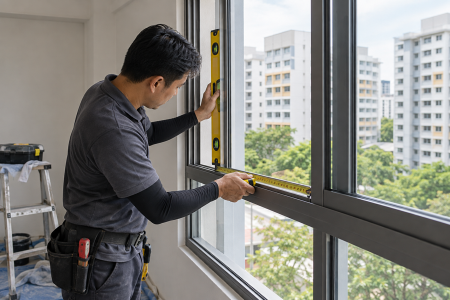 Installer levelling and measuring an aluminium sliding window frame