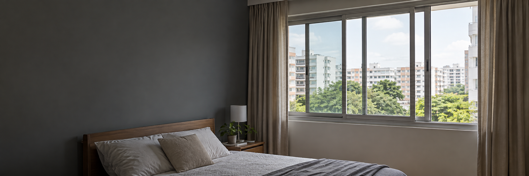 Wide aluminium sliding windows in a modest Singapore apartment