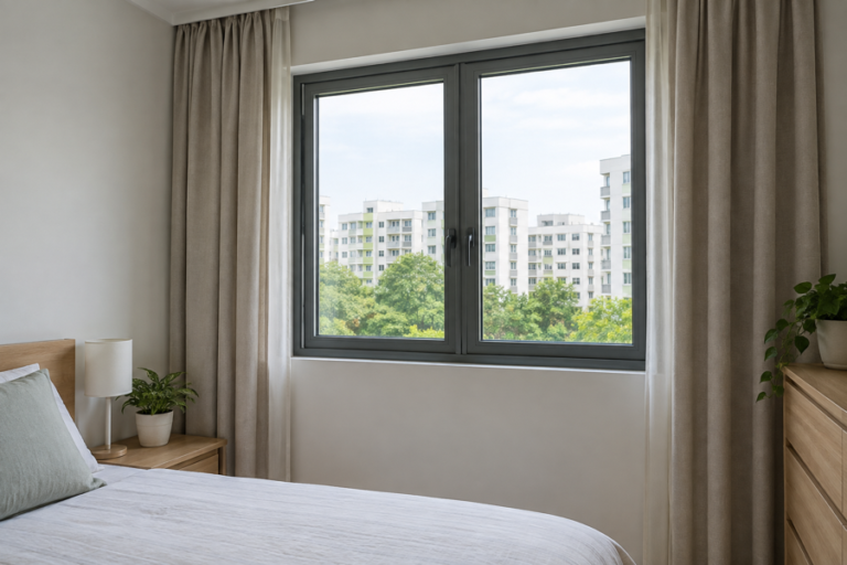 Closed double-glazed aluminium casement window in an HDB bedroom