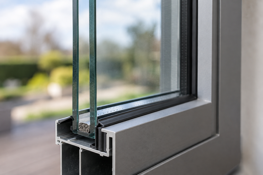 Close-up of dual-pane glass spacer gasket and aluminium window frame