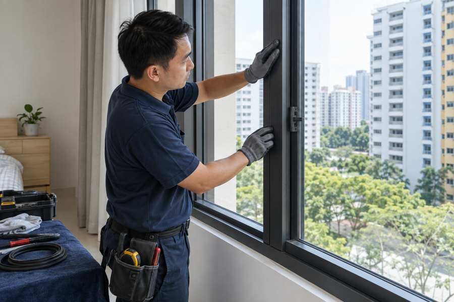 Technician checking acoustic seals around a closed aluminium window