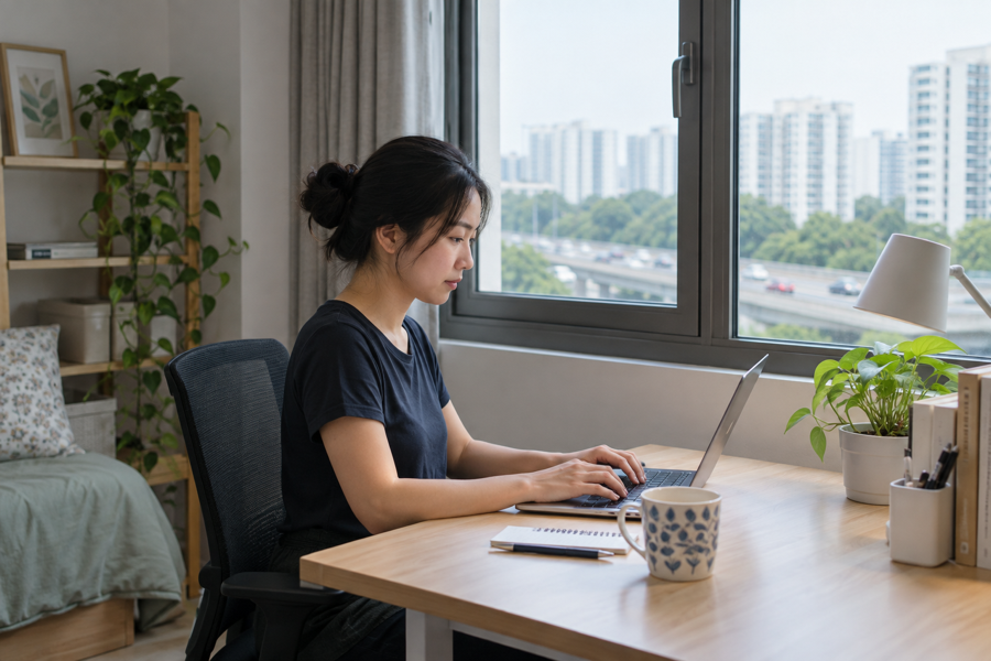 Quiet HDB home office beside a closed double-glazed window