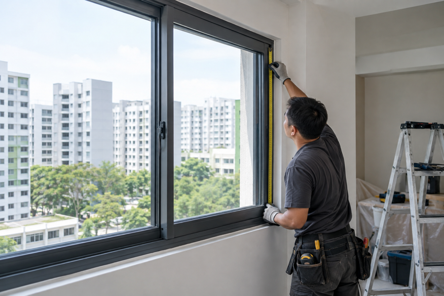 Installer measuring and fitting a double-glazed aluminium window frame