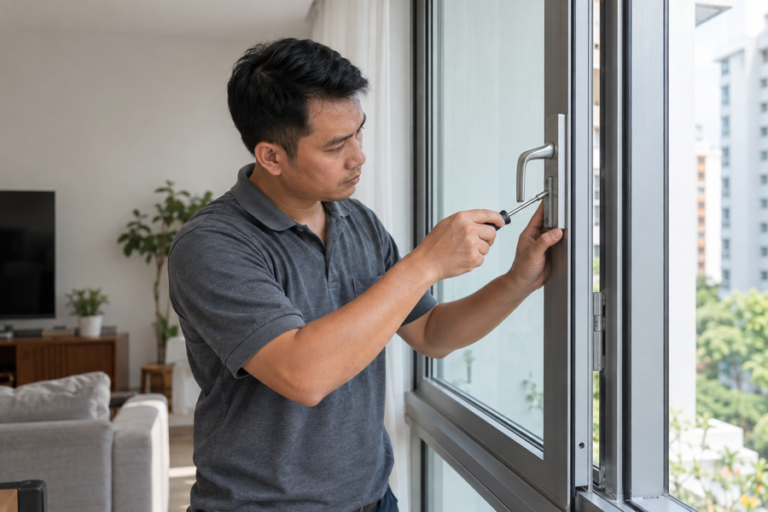 Technician inspecting an aluminium window in a Singapore flat