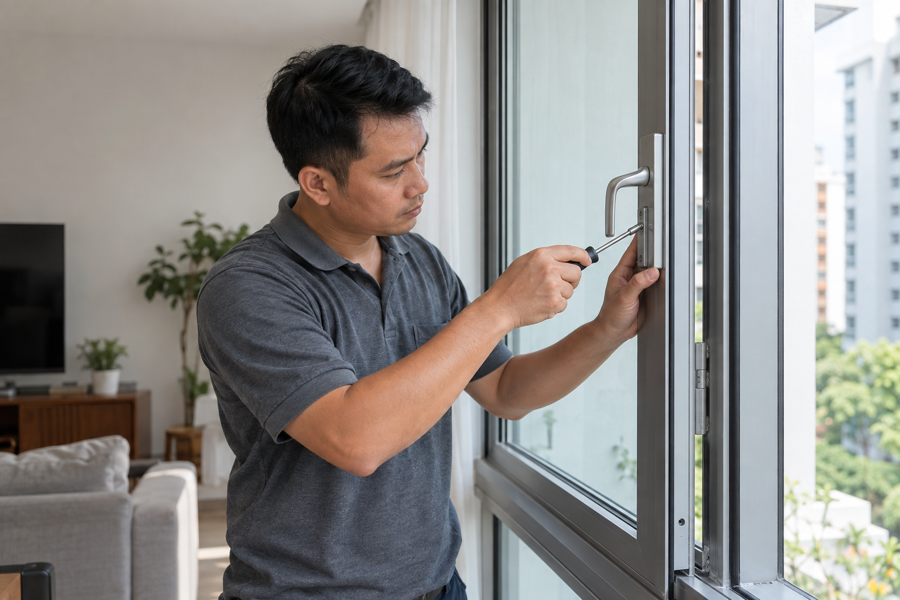 Technician inspecting an aluminium window in a Singapore flat