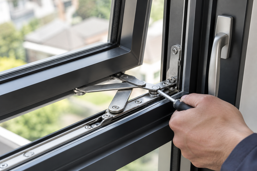 Close-up of casement window hinges and hardware being checked