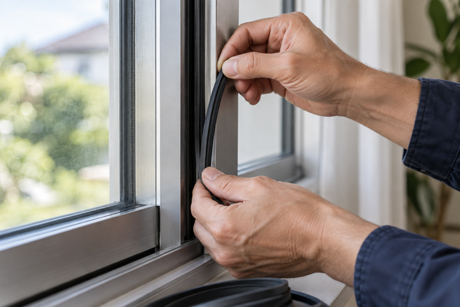 Technician checking the rubber seal around an aluminium window